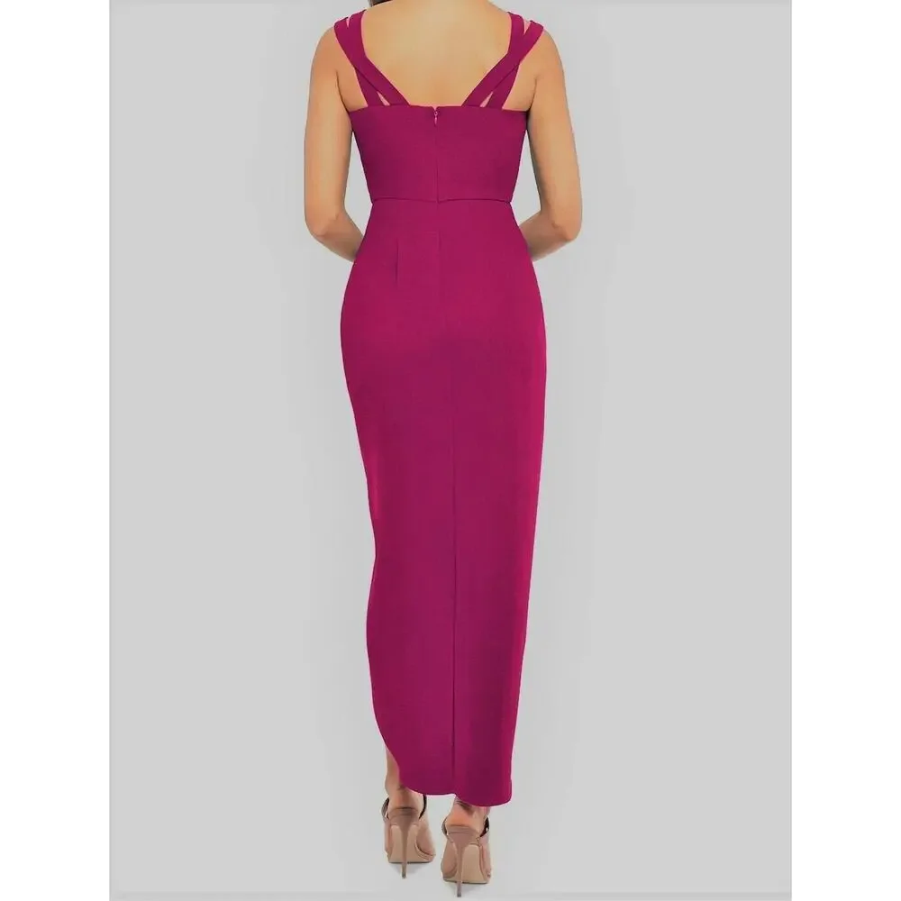 Xscape Side Ruched Double Strap Crepe Gown in Magenta - 6